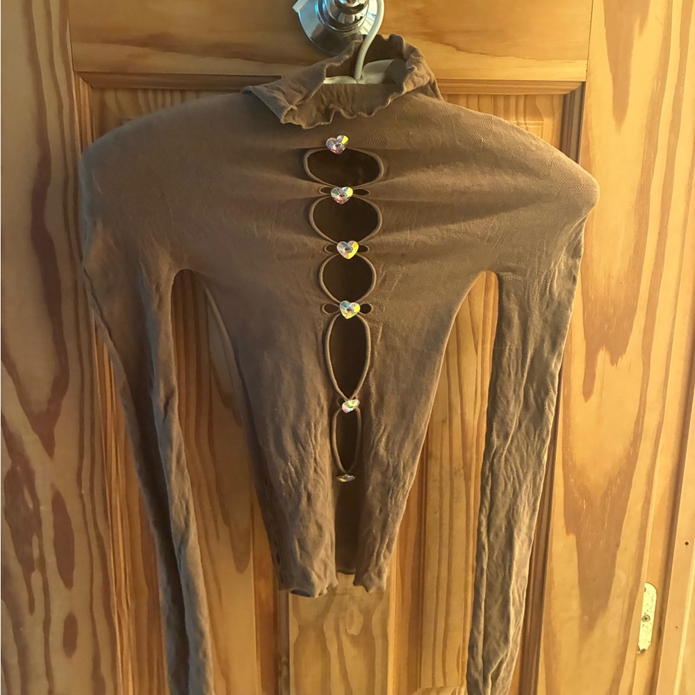 Poster girl Women’s Brown Cutout Long-Sleeve Top with Decorative Heart Accents